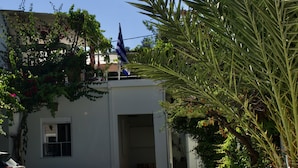 Un edifici blanc amb un balcó, una planta en test i una bandera.