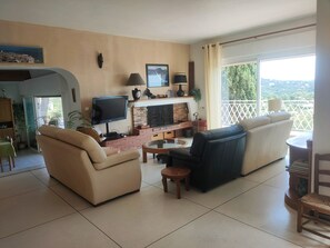 Televisie, een open haard, een dvd-speler en boeken