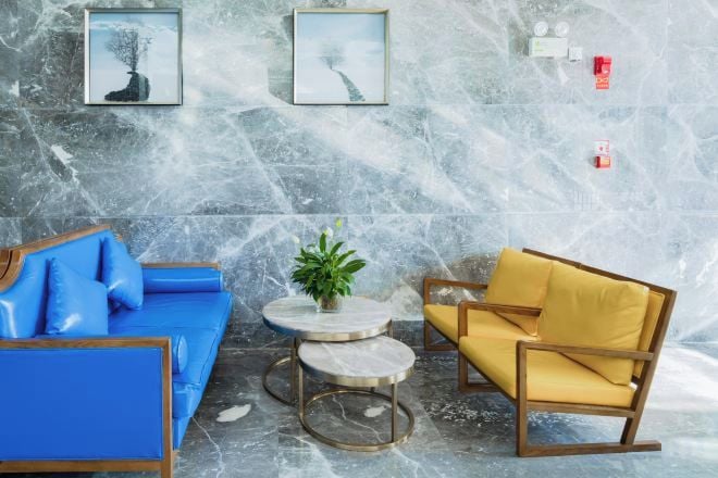 Una habitación con un sofá azul, un sillón amarillo y una mesita con una planta.