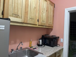 Fridge, microwave, stovetop, electric kettle