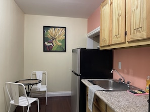 Fridge, microwave, stovetop, electric kettle