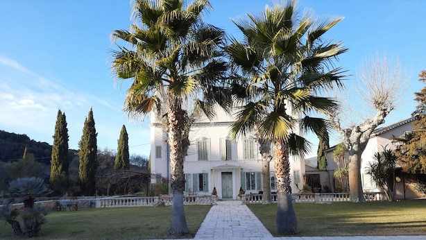 A classical building with a central entrance, flanked by palm trees and cypress trees, surrounded by a well-maintained lawn and stone pathway. - Villa near beach, golf course, verdon gorges (Trans-en-Provence)