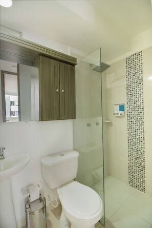Shower, hair dryer, towels, soap