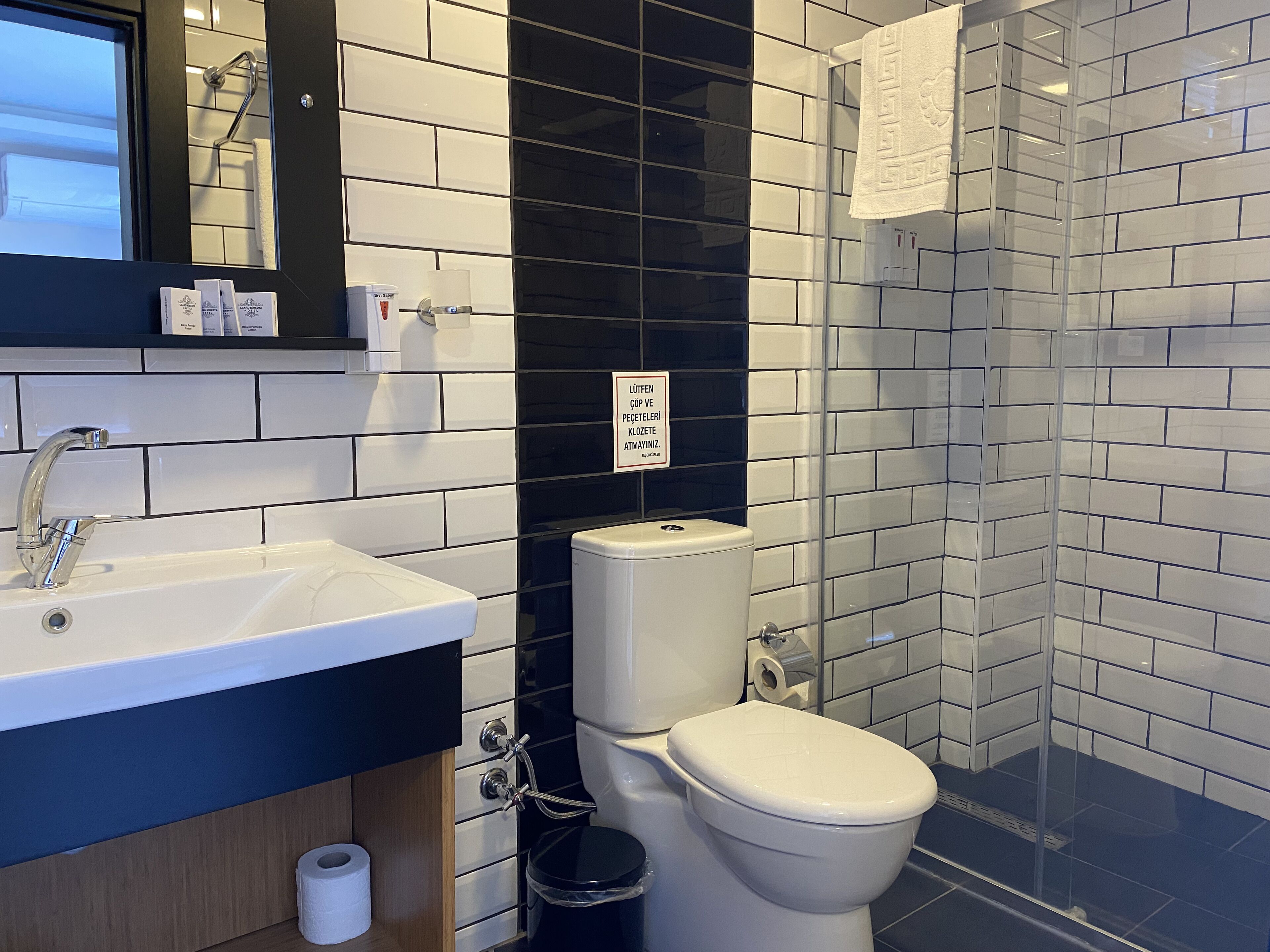A modern bathroom with a white sink, black and white tiled walls, a toilet, and a glass shower enclosure.