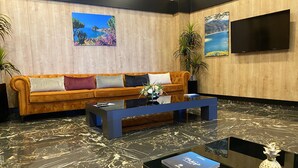 Een hal met een houten wand, een bank met kussens, een salontafel, een televisie en een plant.