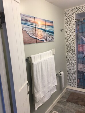 Dusche, Haartrockner, Handtücher, Seife