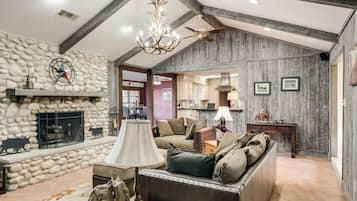 TV connectée, cheminée, lecteur de DVD, livres