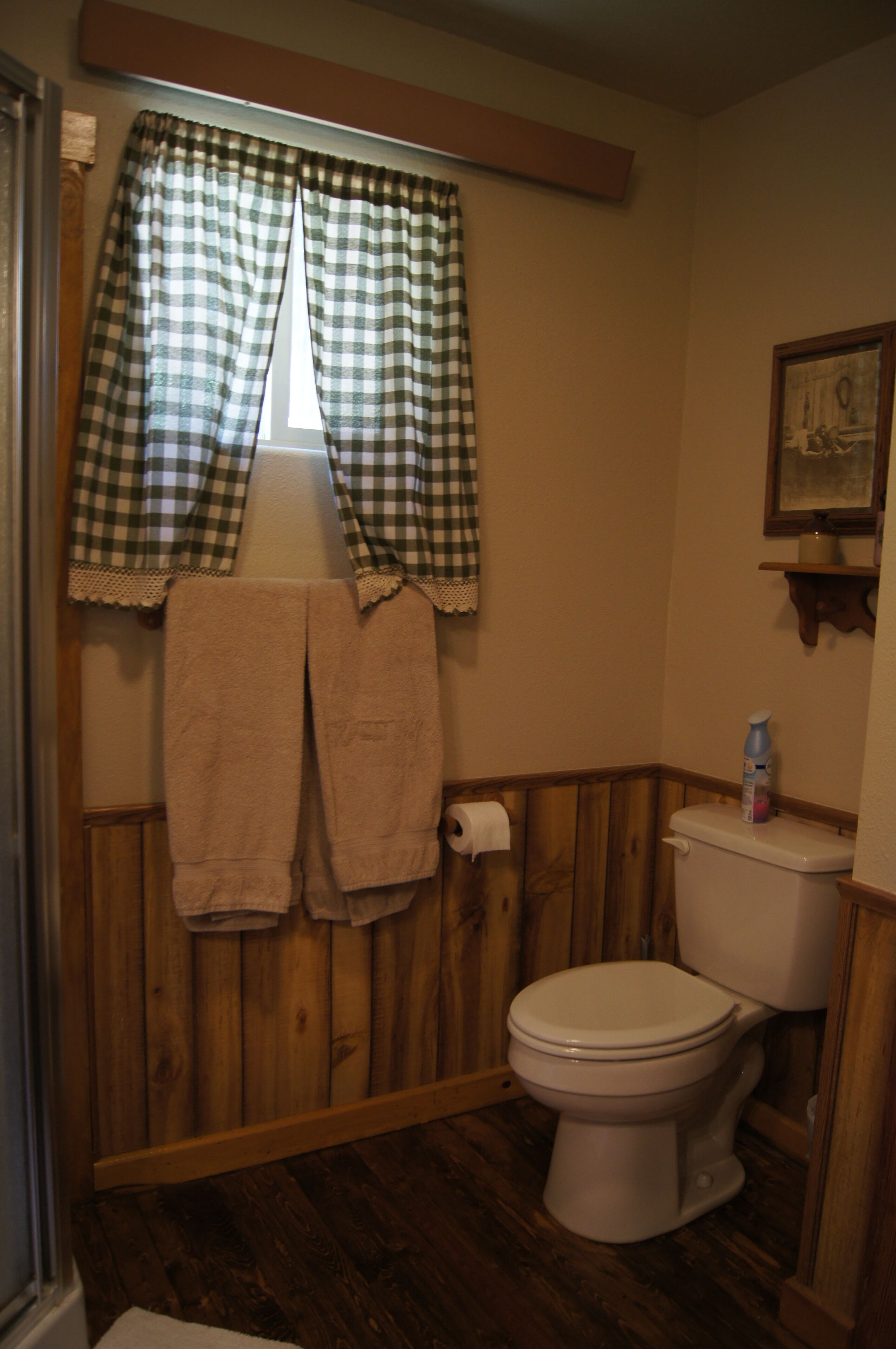 A bathroom with a wooden wall, a toilet, a roll of toilet paper, and a checkered curtain.