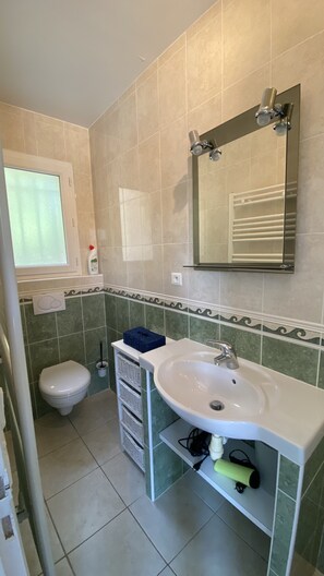 Dusche, Haartrockner, Seife, Toilettenpapier