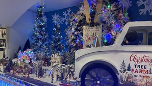A Christmas-themed display with a white truck labeled "Christmas Tree Farm" and various holiday decorations.