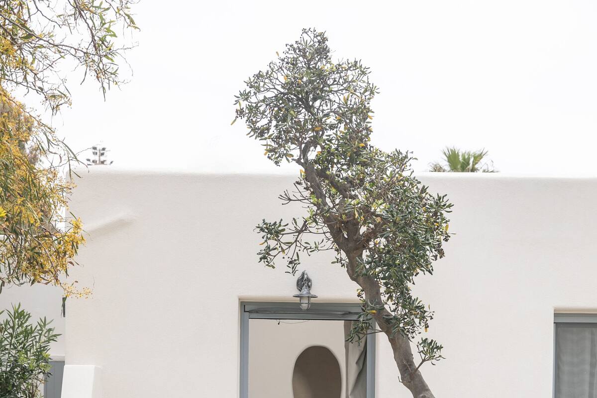 A white building with a door leading to a room with a bed and a shower. There are two black chairs outside the door.