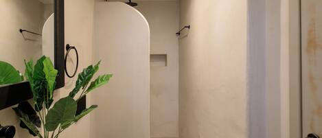 Un baño con ducha, inodoro y lavamanos. Hay una planta en maceta cerca del lavamanos.