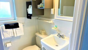 A bathroom with a toilet, sink, and towel rack. - Tranquil King Deluxe (Daytona Beach)