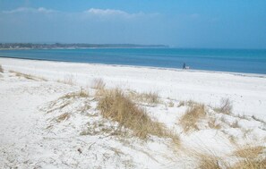 Ein Strand mit weißem Sand und vereinzelten Grashalmen, eine Person, die einen Hund ausführt, und ein ruhiges Meer unter blauem Himmel.