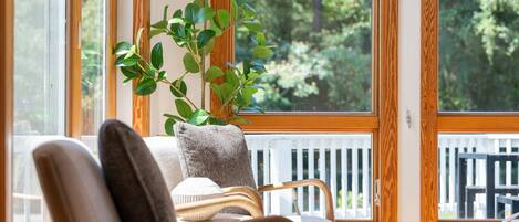 A wooden-framed window with a view of trees, a white chair with a cushion, and a potted plant.