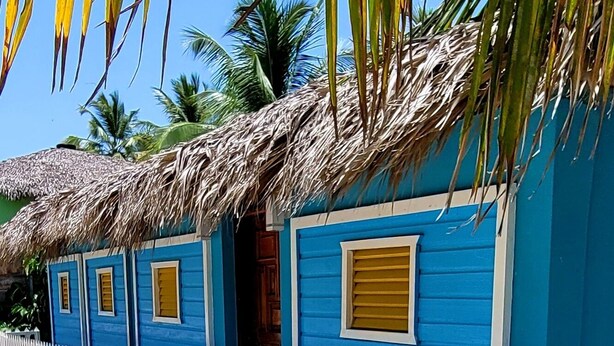 Una hilera de edificios azules con cercas blancas de estacas, techos de paja y palmeras al fondo.