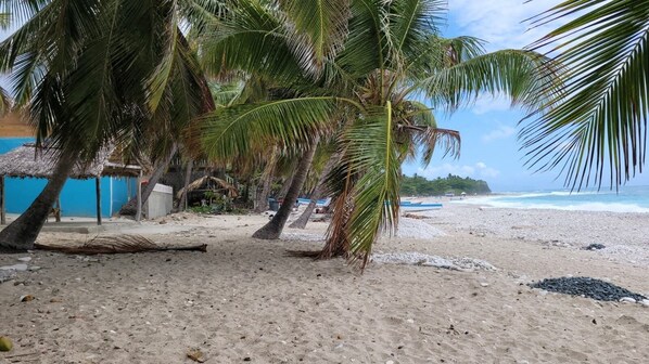 Una playa con palmeras, una cabaña de techo de paja y una vista despejada del océano.