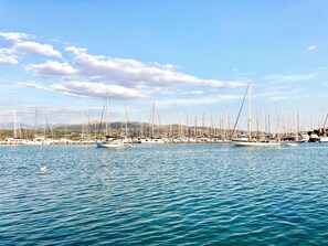 Enjoy serene waterfront views with sailboats docked along the marina.