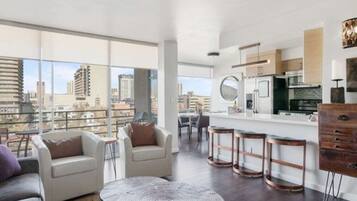 TV, fireplace, books