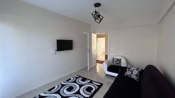 Un salon moderne avec un téléviseur à écran plat fixé au mur, un tapis à motifs noir et blanc, un canapé noir agrémenté de coussins à fleurs et un luminaire suspendu noir.