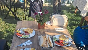 A wooden picnic table with plates of food, a basket of bread, and a potted plant. - The Titanic House (Denizli)