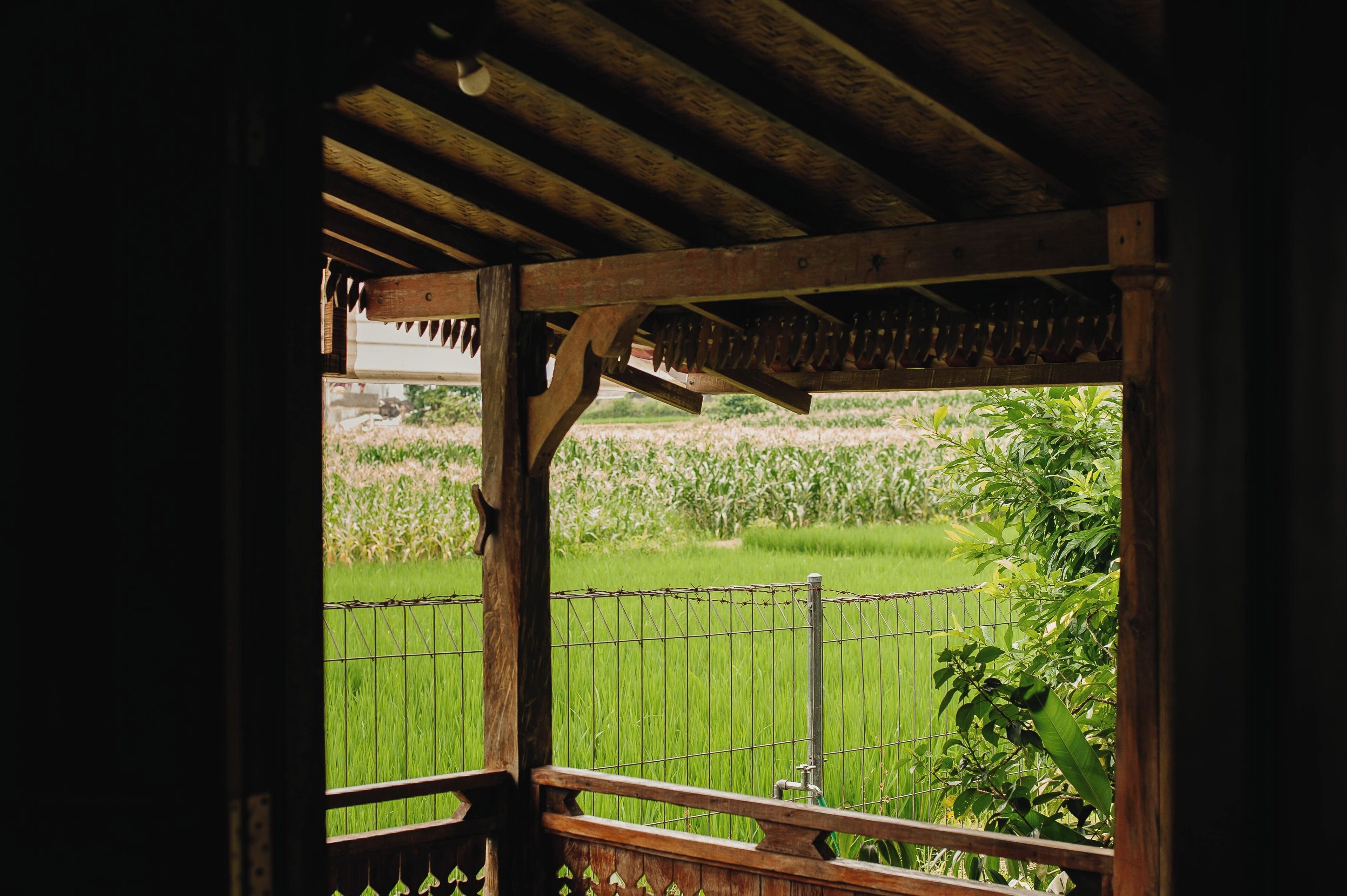 A wooden structure with a view of a green field through a metal fence.