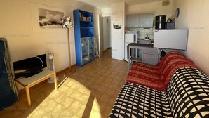 A compact living space with a kitchenette, a sofa, a television, and a bookshelf.
