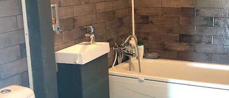 Combined shower/tub, free toiletries, hair dryer