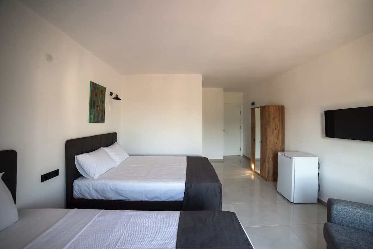 A modern hotel room with two beds, a flat-screen TV, a refrigerator, and a wooden wardrobe.