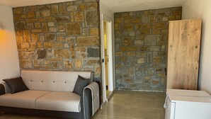 Habitació amb paret de pedra, sofà beix i nevera blanca.