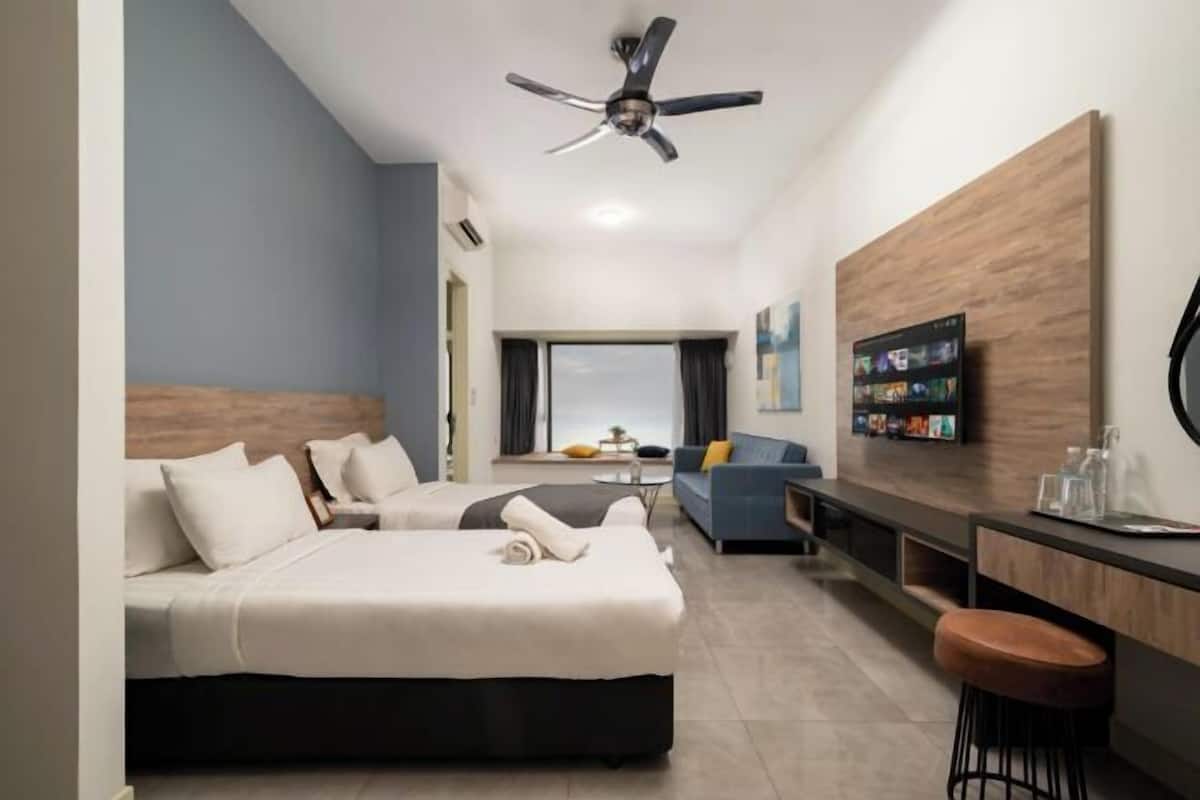 Individually furnished, desk, laptop workspace, iron/ironing board