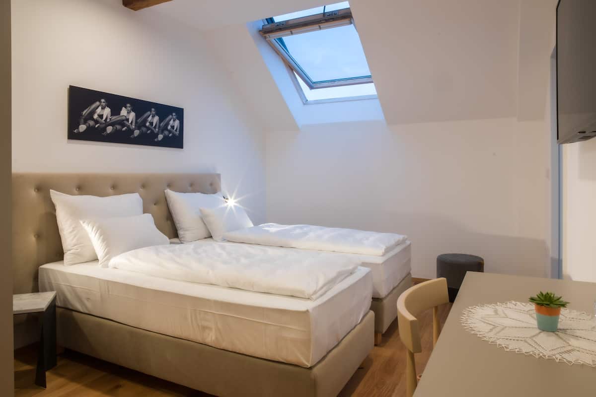 Une chambre à coucher comprenant un lit, un bureau, une chaise, une petite table avec une plante et une lucarne.