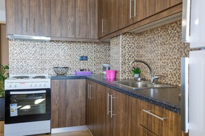 Family House, Multiple Bedrooms, Sea Facing (Maritinas Stone House On The Beach) | Private kitchen | Fridge, oven, stovetop, coffee/tea maker - Maritinas Stone House & Apartment On The Beach (Pyrgos)