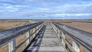 A wooden boardwalk extending into the distance with a clear sky above. - Turtle Cove 134 | Private Community Pool and Beach Access (Surf City)