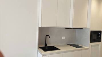 Kühlschrank, Mikrowelle, Herdplatte, Wasserkocher mit Kaffee-/Teezubehör