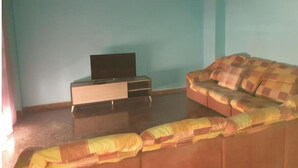 Een kamer met een bank, een televisie op een standaard en een plafondlamp.