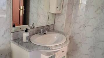 Shower, towels, toilet paper