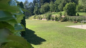 Ein gepflegter Rasen mit einer Steinmauer und einer Holzterrasse.