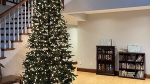 A Christmas tree in a spacious living room with hardwood floors and a staircase.