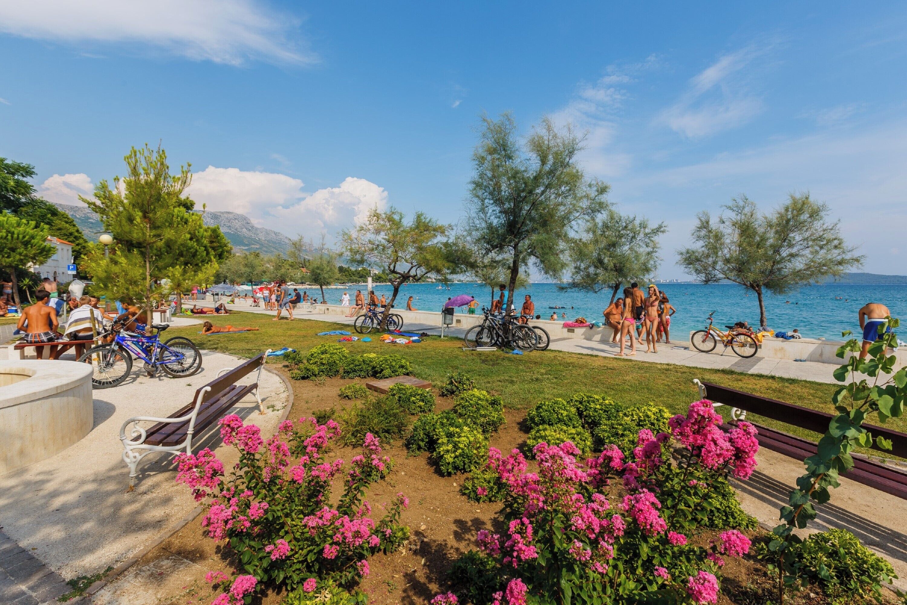 A beachside park with benches, bicycles, and people relaxing.