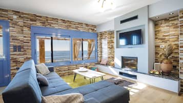 21-inch TV with satellite channels, fireplace