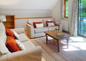 A living room with a sofa, armchair, and coffee table, a bookshelf, and a window with curtains. - Timber lodge set in an elevated position with views of the lake. (Webbery, Bideford)