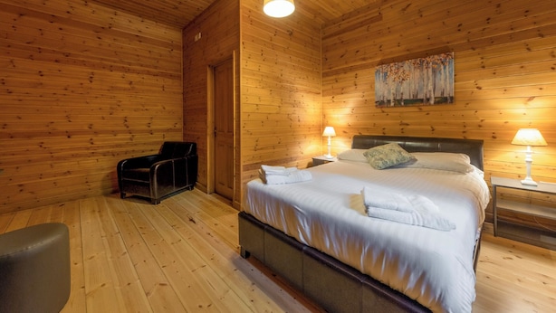 A wooden cabin room with a bed, two bedside lamps, a chair, and a painting on the wall. - Woodland Rowan Lodge (Ellesmere)