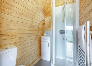 A wooden-paneled bathroom with a glass shower enclosure, a sink, and a toilet. - 1 bedroom accommodation in Great Busby (Great Busby)