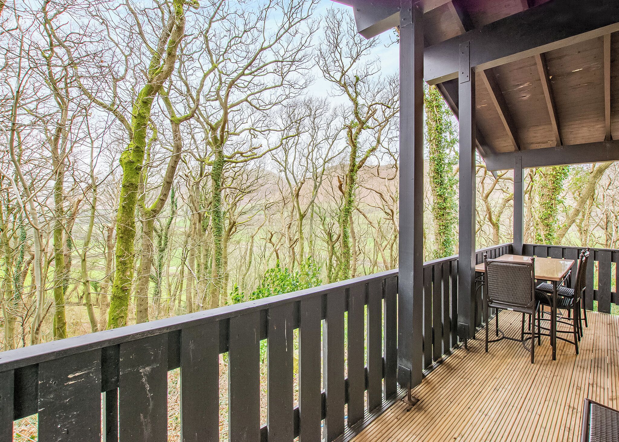 Uma área de estar coberta ao ar livre, com vista para árvores e um deck de madeira.