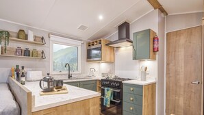 A compact kitchen with a stove, microwave, and sink, wooden cabinets, and a window with a mountain view. - Signature 3 Bed Caravan Pet (Morpeth)