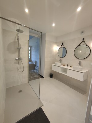 Shower, hair dryer, towels, toilet paper