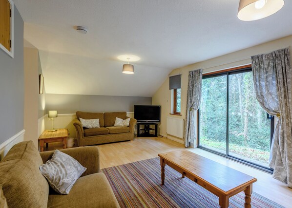 A living room with a sofa, a coffee table, a television, and a large window with curtains. - Timber lodge set in an elevated woodland position with views of the lake. (Webbery, Bideford)