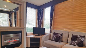 A living room with a fireplace, a sofa, a coffee table, and a television. - Sunnyvale Willow 3 Pet Friendly (Saundersfoot)