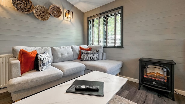 A living room with a sofa, coffee table, and a wood-burning stove.